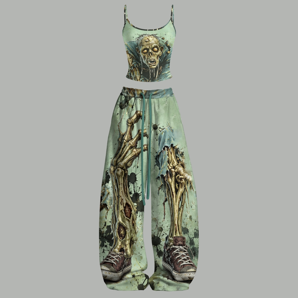 Horror Zombie Skeleton Creature Top & Elasticated Trousers Two-Piece Set