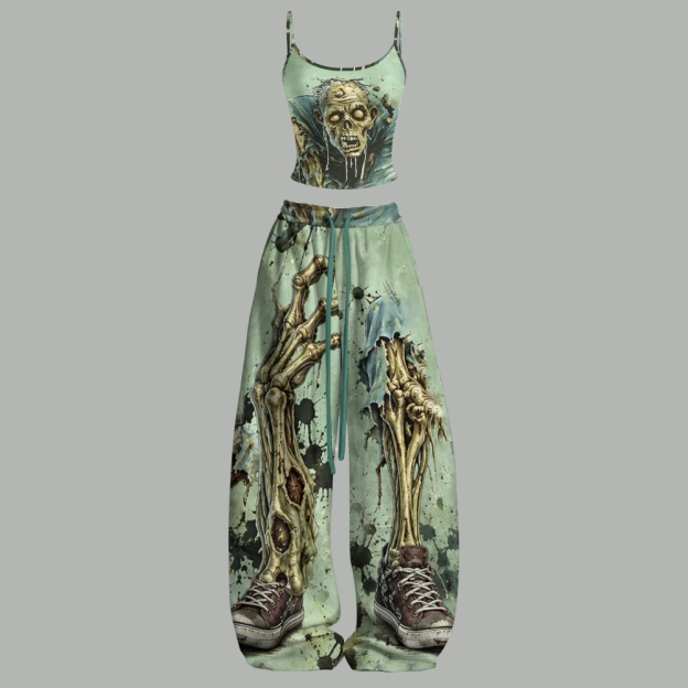 Horror Zombie Skeleton Creature Top & Elasticated Trousers Two-Piece Set
