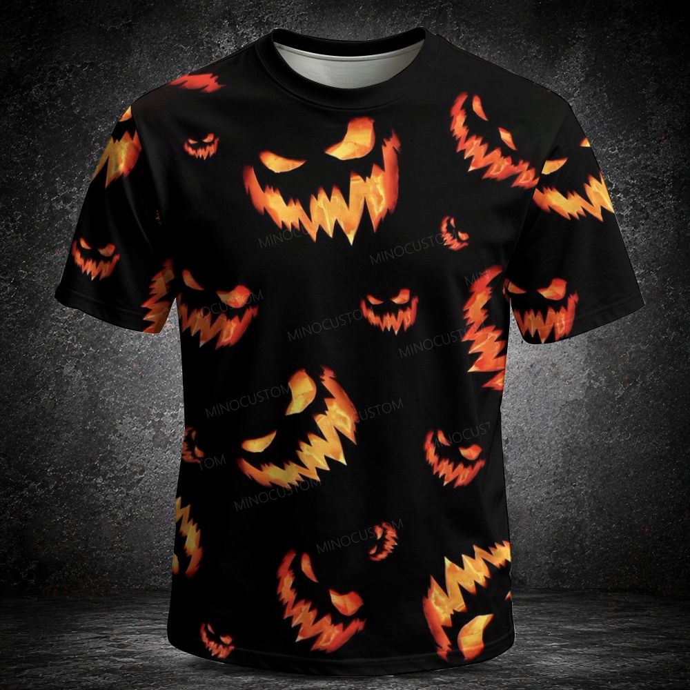 Men's  Vintage Spooky Pumpkin Face Pattern Full Print Short Sleeve T-shirt