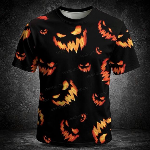Men's  Vintage Spooky Pumpkin Face Pattern Full Print Short Sleeve T-shirt