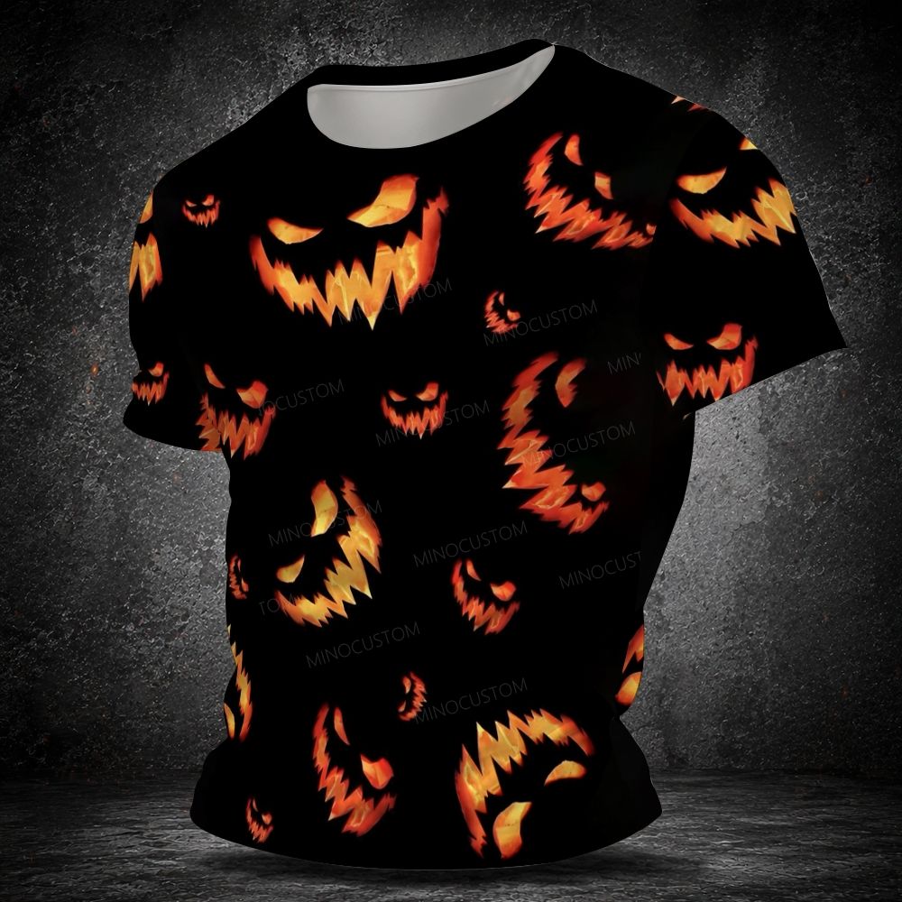 Men's  Vintage Spooky Pumpkin Face Pattern Full Print Short Sleeve T-shirt