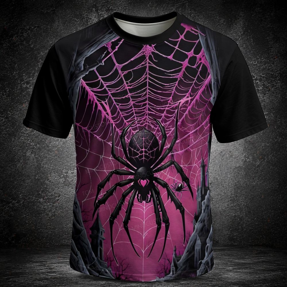 Men's  Vintage Halloween Black Spider Full Print Short Sleeve T-shirt