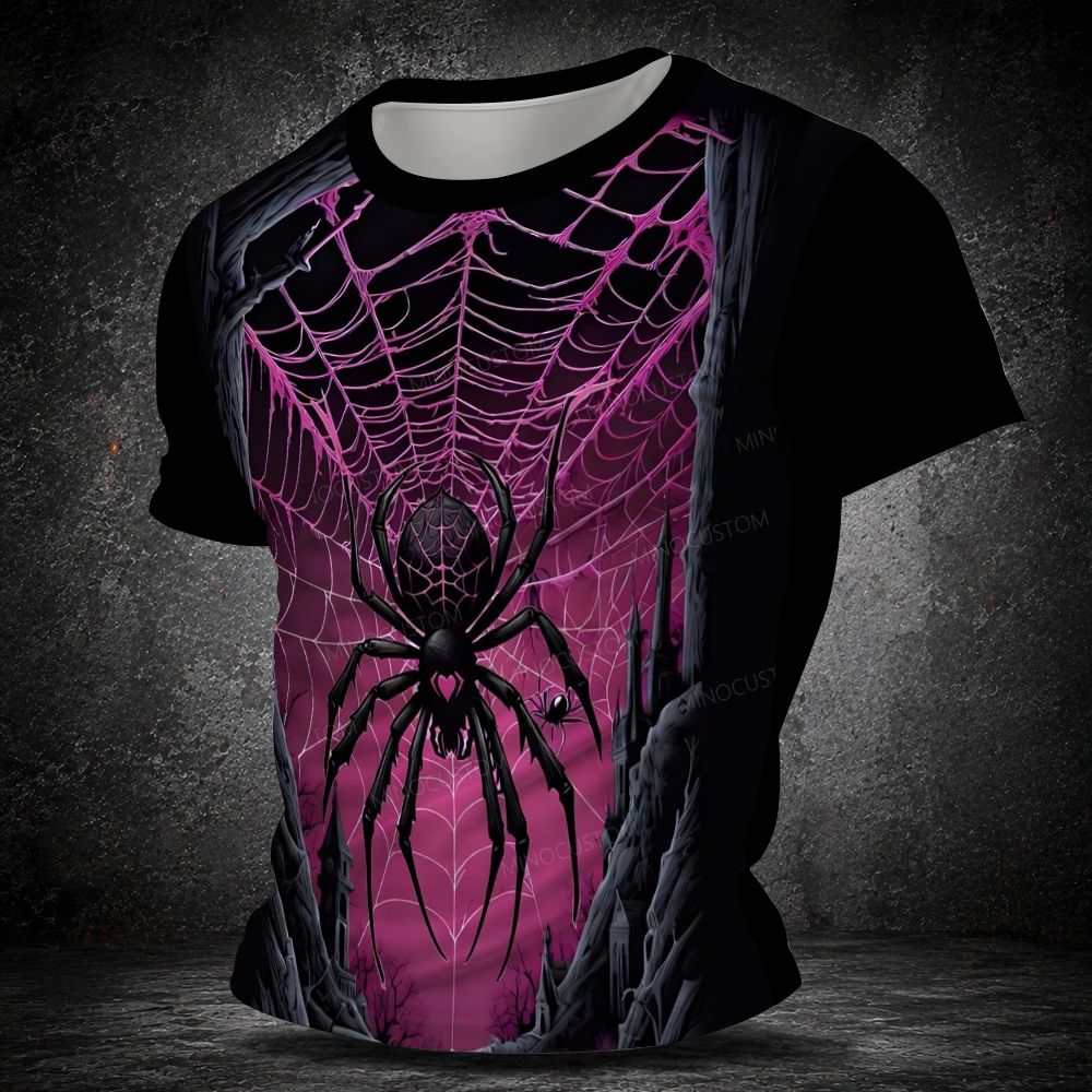 Men's  Vintage Halloween Black Spider Full Print Short Sleeve T-shirt