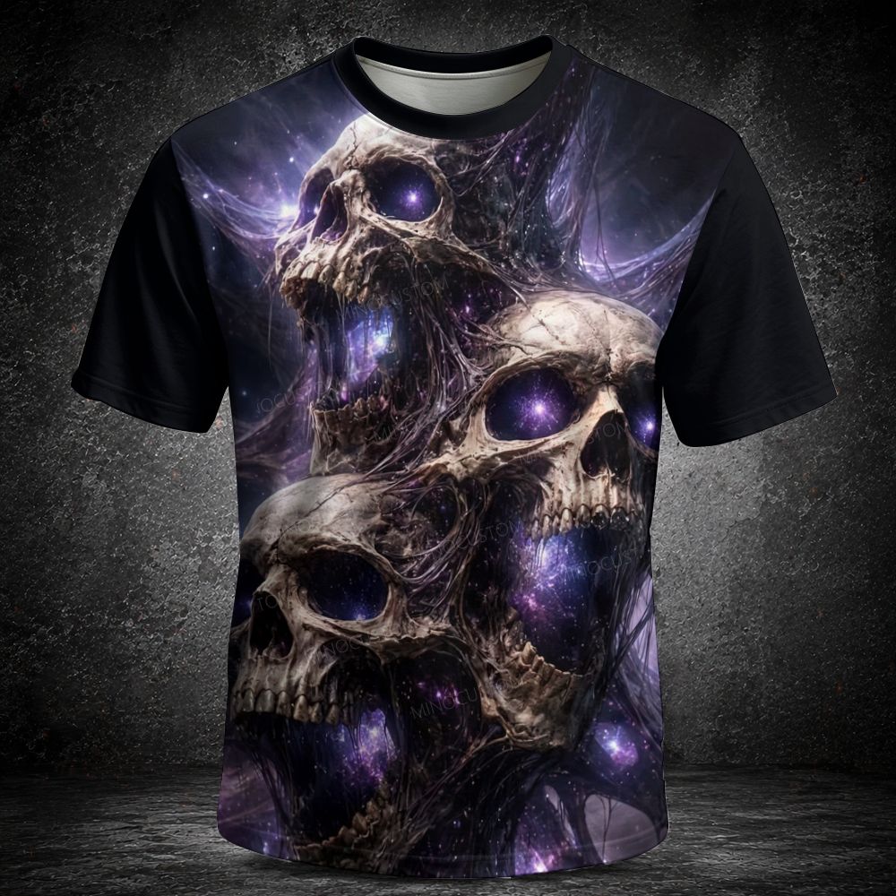 Men's  Vintage Cosmic Galaxy Stacked Skulls All Over Print Short Sleeve T-shirt