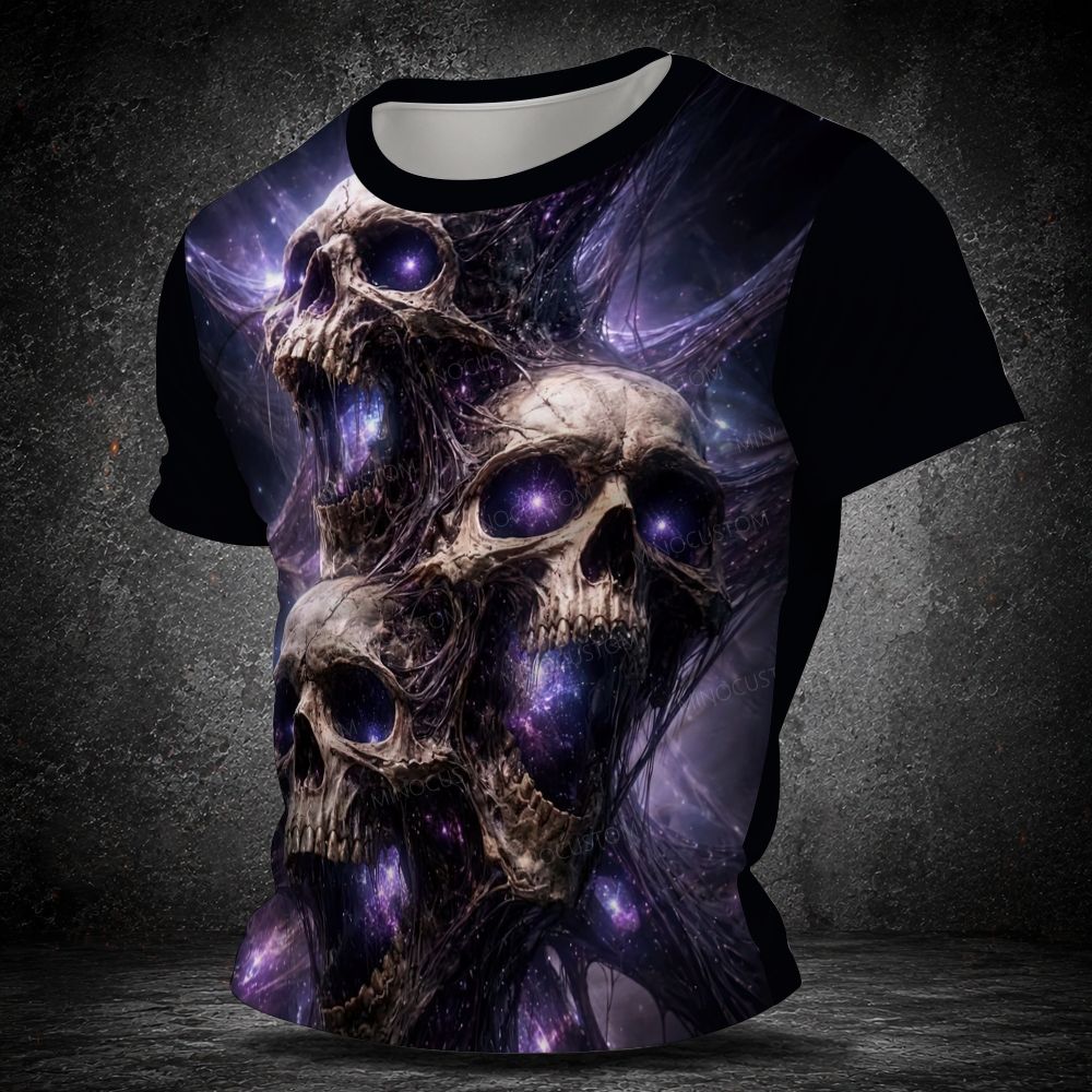 Men's  Vintage Cosmic Galaxy Stacked Skulls All Over Print Short Sleeve T-shirt