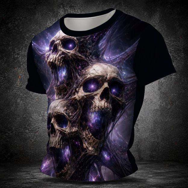 Men's  Vintage Cosmic Galaxy Stacked Skulls All Over Print Short Sleeve T-shirt