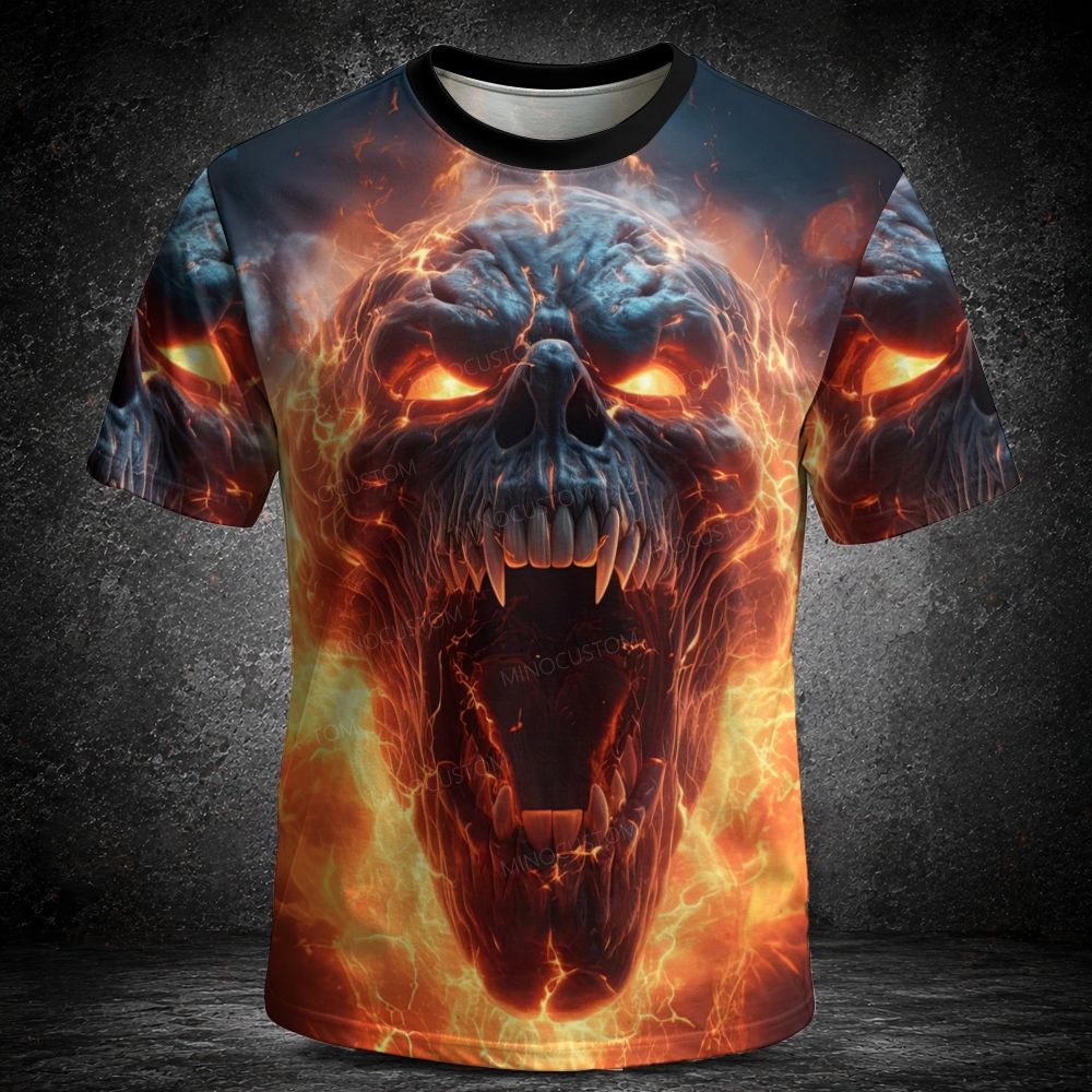 Men's  Vintage Lava Fire Fanged Demon Skull Graphic Short Sleeve T-shirt