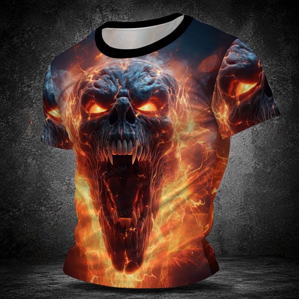 Men's  Vintage Lava Fire Fanged Demon Skull Graphic Short Sleeve T-shirt