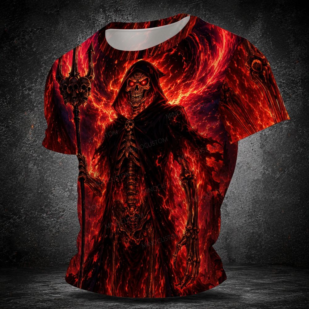 Men's  Vintage Fiery Lava Grim Reaper Trident All Over Print Short Sleeve T-shirt