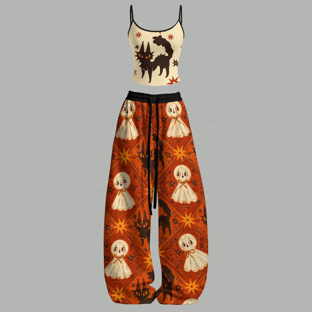 Cute Retro Ghost Black Cat Halloween Top & Elasticated Trousers Two-Piece Set