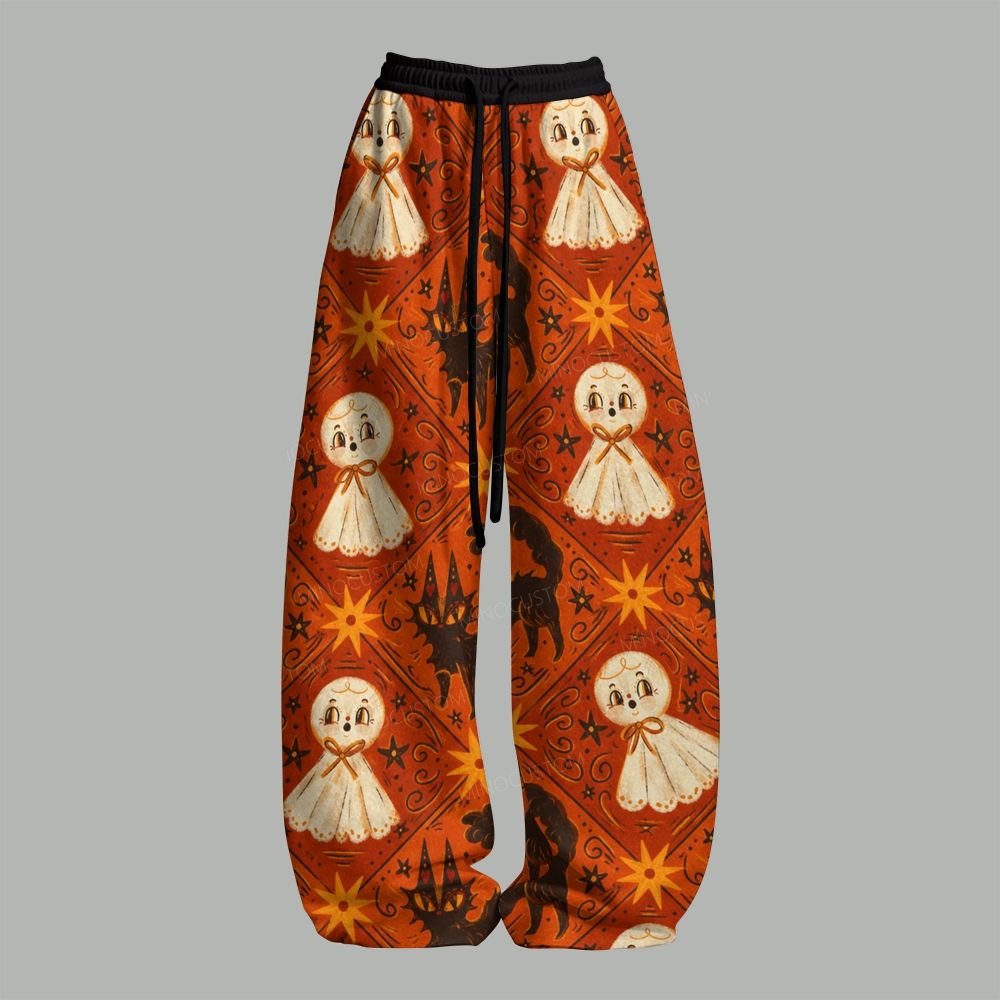 Cute Retro Ghost Black Cat Halloween Top & Elasticated Trousers Two-Piece Set