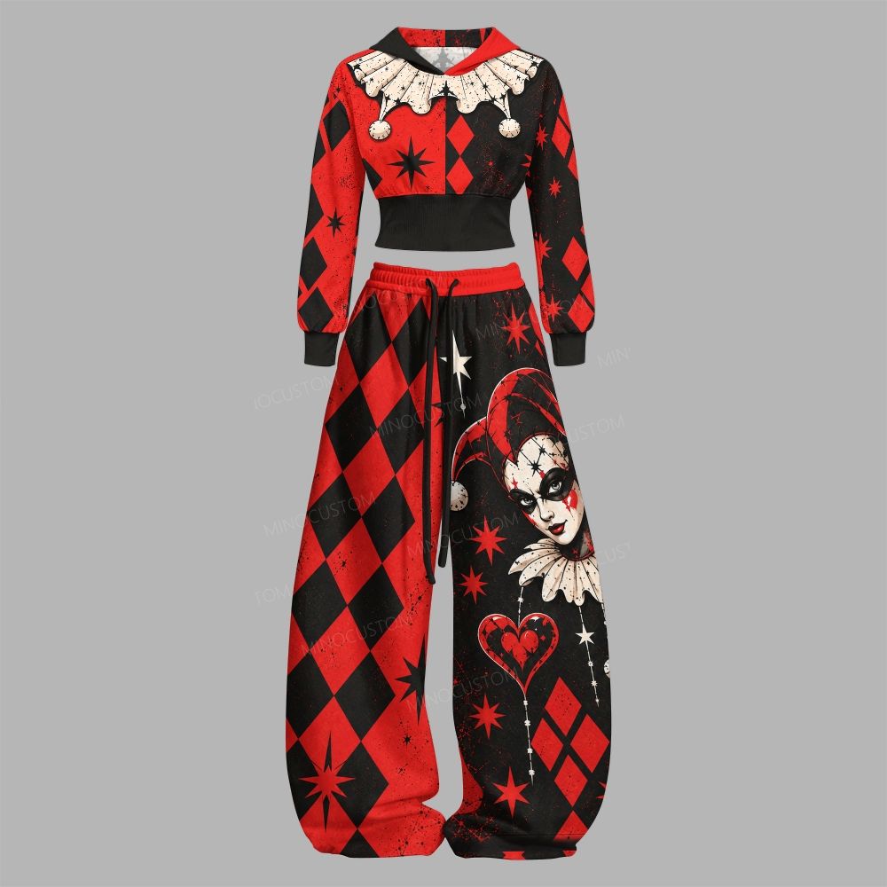 Dark Clown Portrait Diamond Check Gothic Slim-Fit Sweatshirt Set