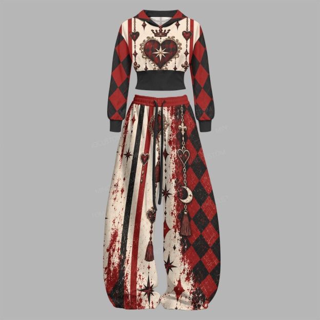 Gothic Heart Crown Diamond Check Slim-Fit Sweatshirt Set 