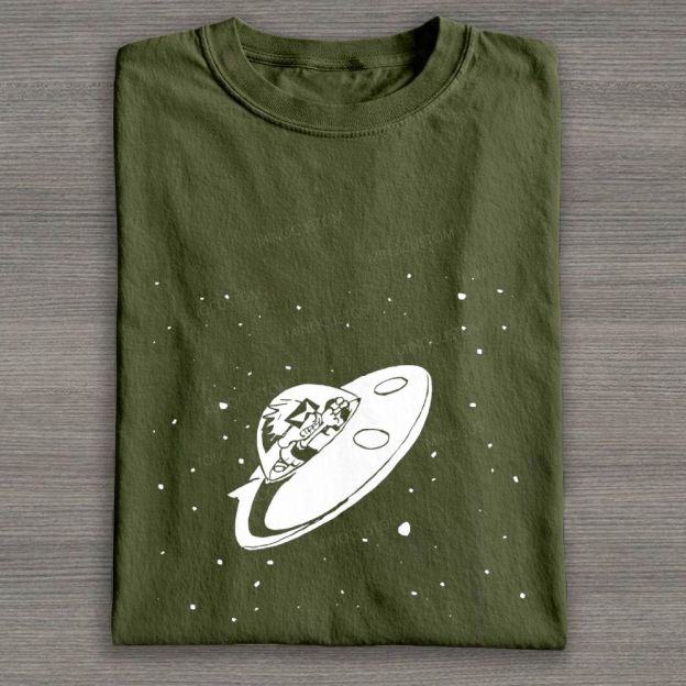 Retro UFO Space Cartoon Graphic Cotton T-shirt