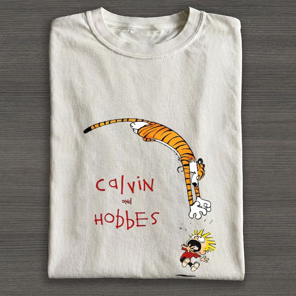 Whimsical Boy And Tiger Cartoon Jump Graphic Cotton T-shirt