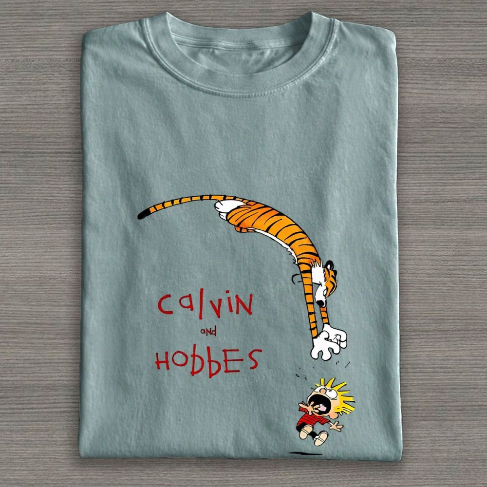 Whimsical Boy And Tiger Cartoon Jump Graphic Cotton T-shirt