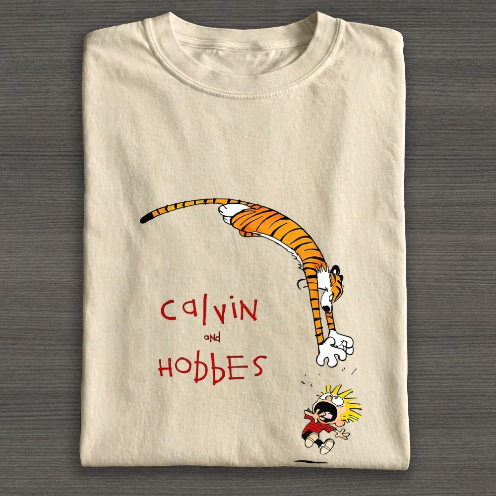Whimsical Boy And Tiger Cartoon Jump Graphic Cotton T-shirt