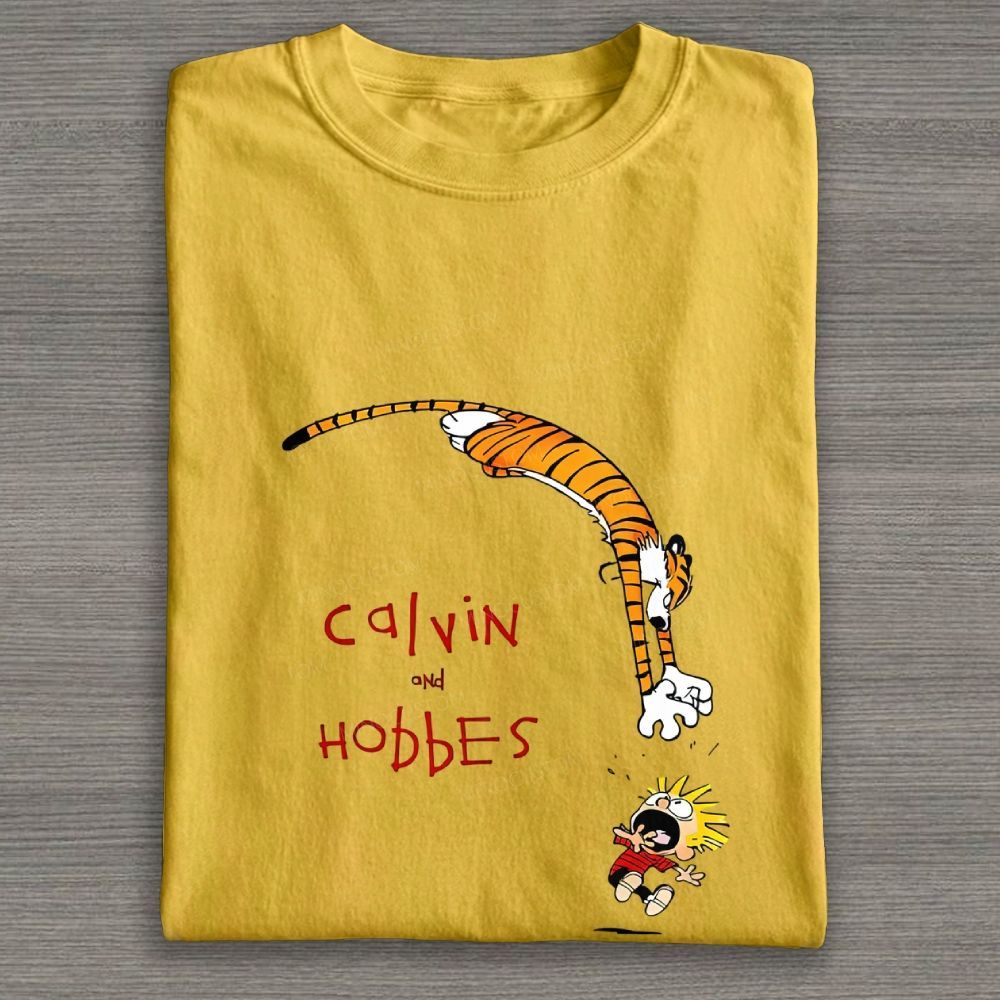 Whimsical Boy And Tiger Cartoon Jump Graphic Cotton T-shirt