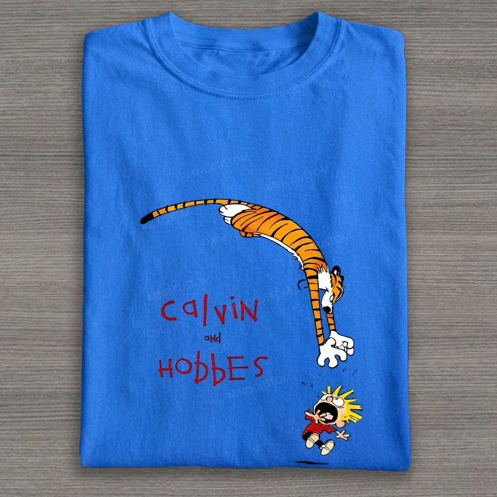 Whimsical Boy And Tiger Cartoon Jump Graphic Cotton T-shirt