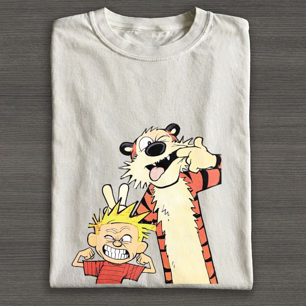 Funny Boy & Tiger Silly Face Cartoon Graphic Cotton T-shirt