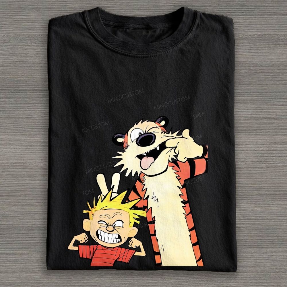 Funny Boy & Tiger Silly Face Cartoon Graphic Cotton T-shirt