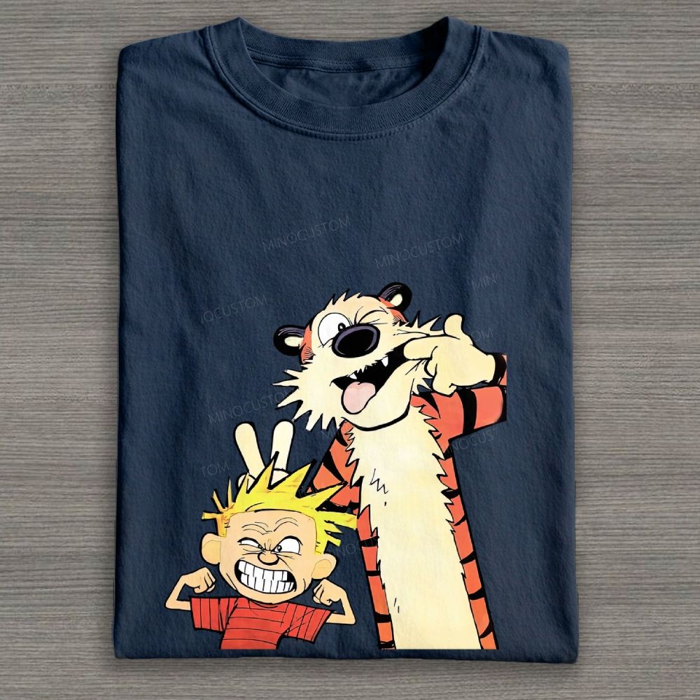 Funny Boy & Tiger Silly Face Cartoon Graphic Cotton T-shirt