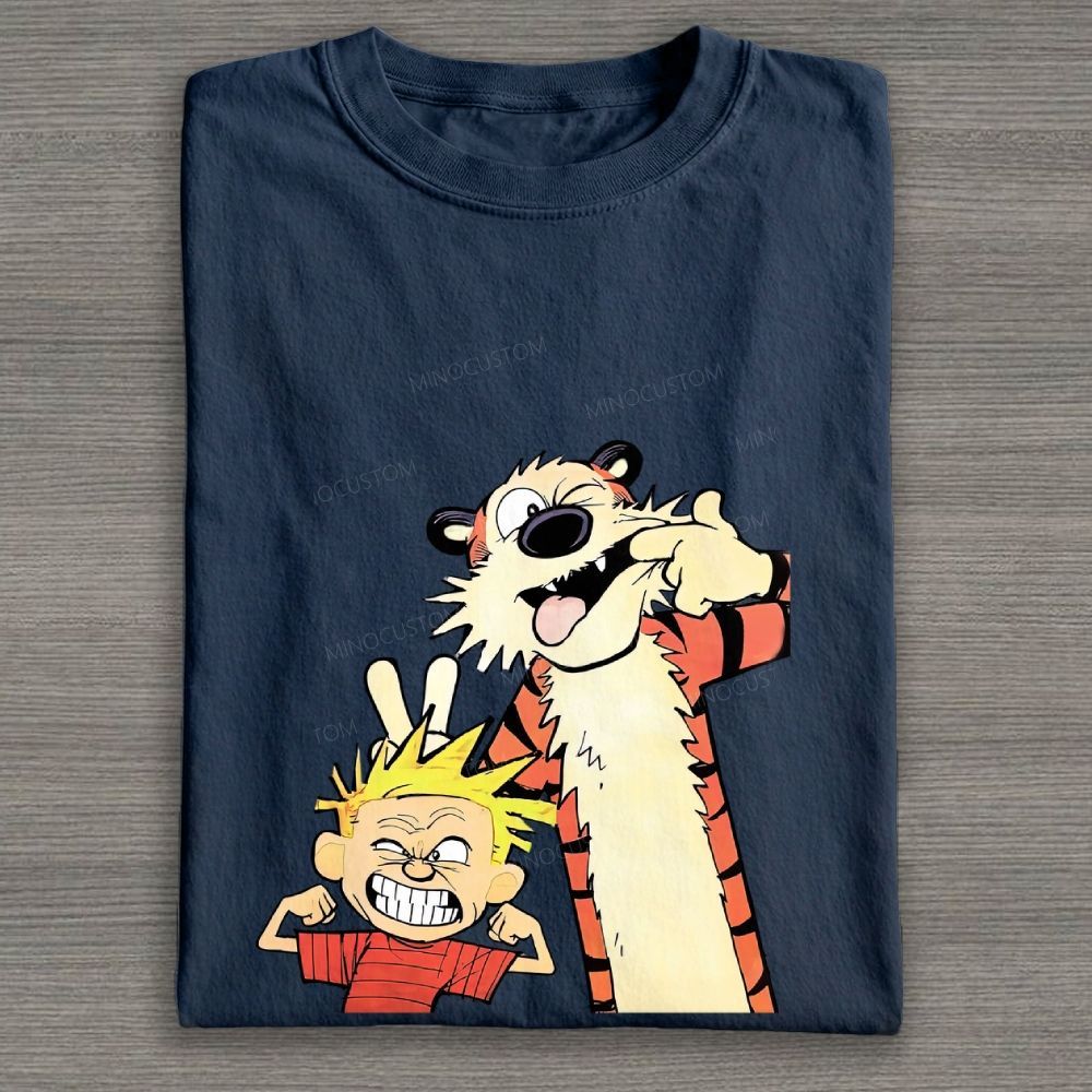 Funny Boy & Tiger Silly Face Cartoon Graphic Cotton T-shirt