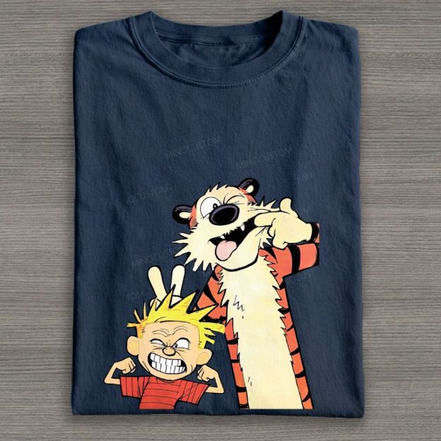 Funny Boy & Tiger Silly Face Cartoon Graphic Cotton T-shirt