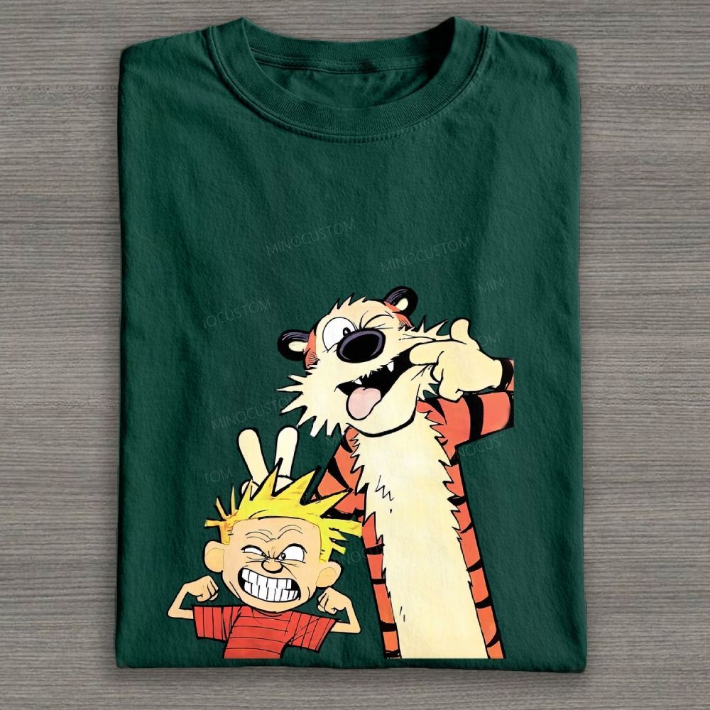 Funny Boy & Tiger Silly Face Cartoon Graphic Cotton T-shirt