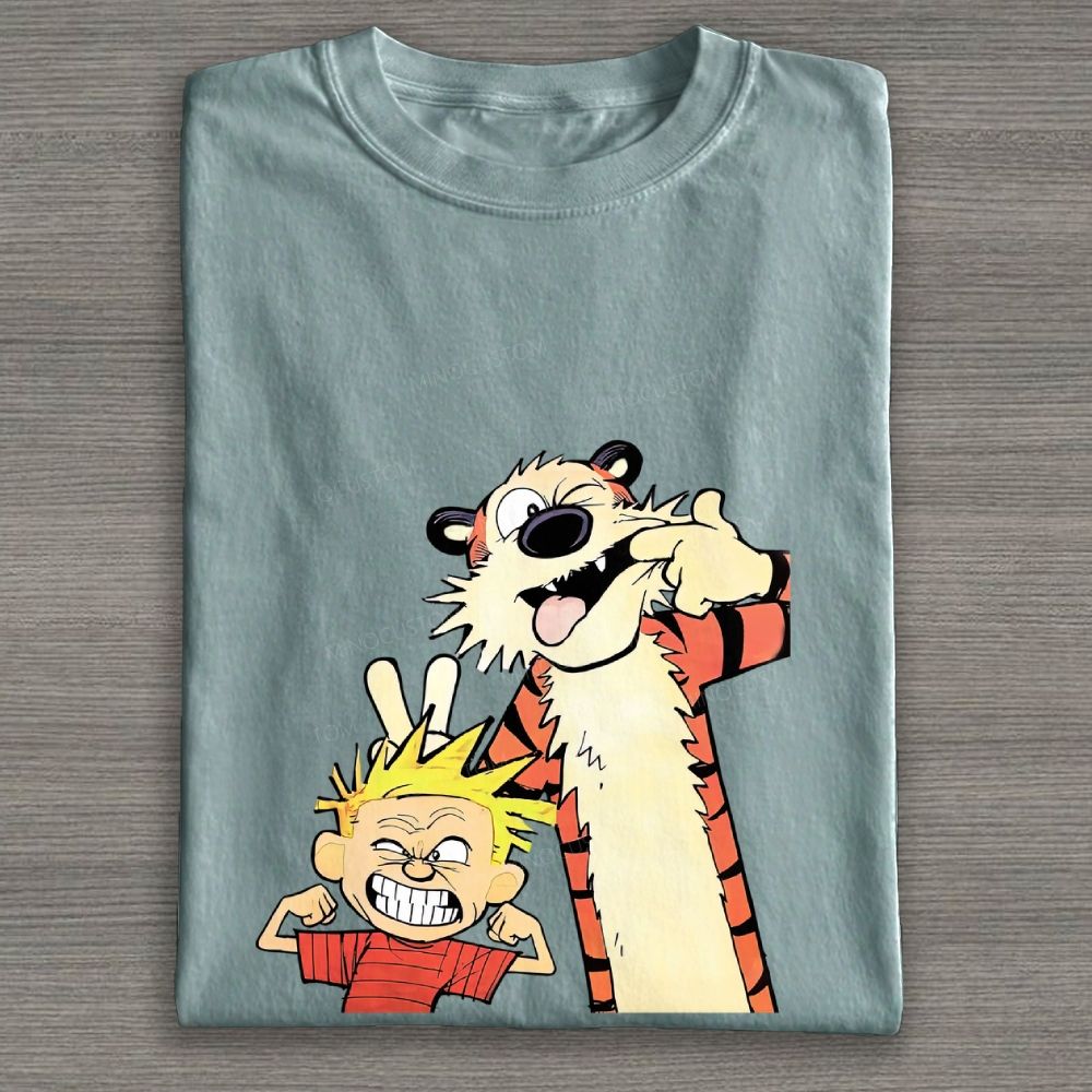 Funny Boy & Tiger Silly Face Cartoon Graphic Cotton T-shirt
