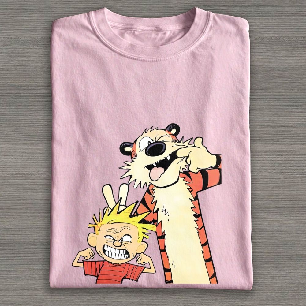 Funny Boy & Tiger Silly Face Cartoon Graphic Cotton T-shirt