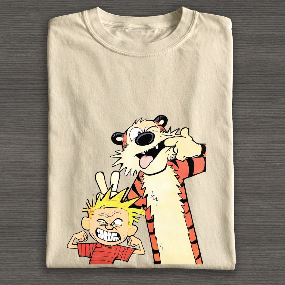 Funny Boy & Tiger Silly Face Cartoon Graphic Cotton T-shirt