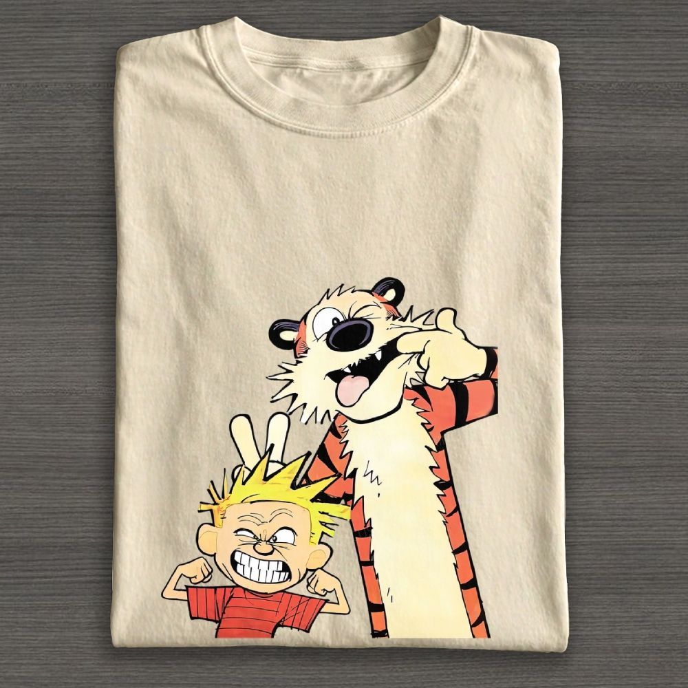 Funny Boy & Tiger Silly Face Cartoon Graphic Cotton T-shirt