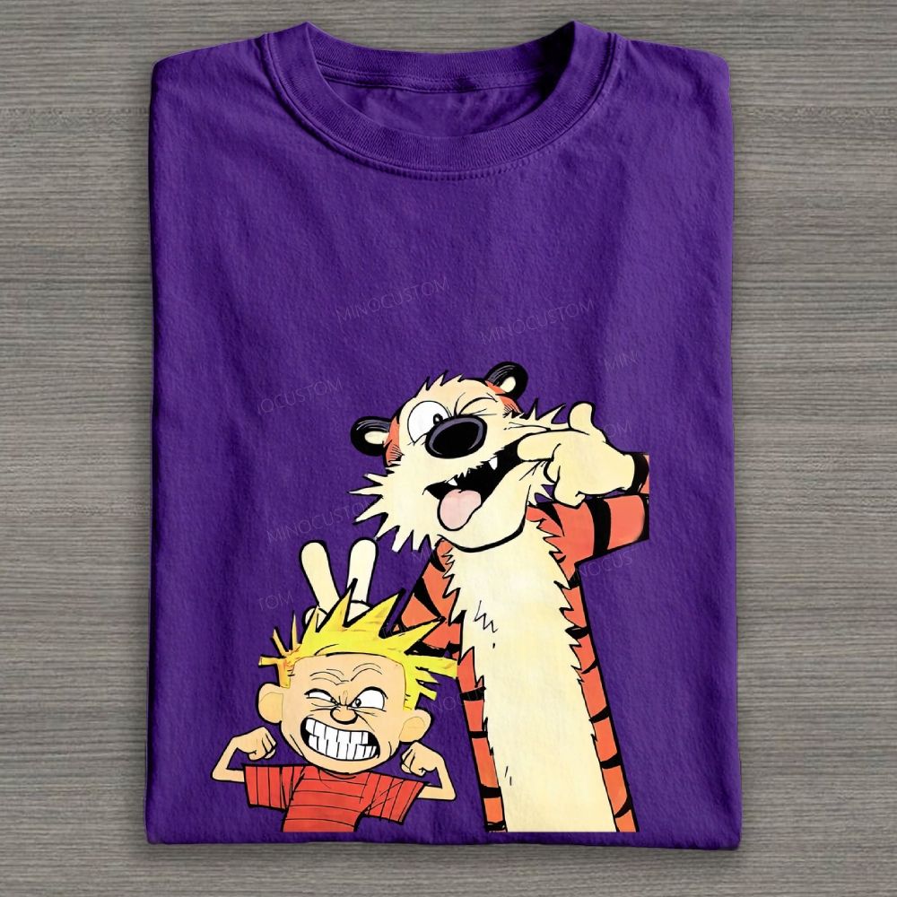 Funny Boy & Tiger Silly Face Cartoon Graphic Cotton T-shirt