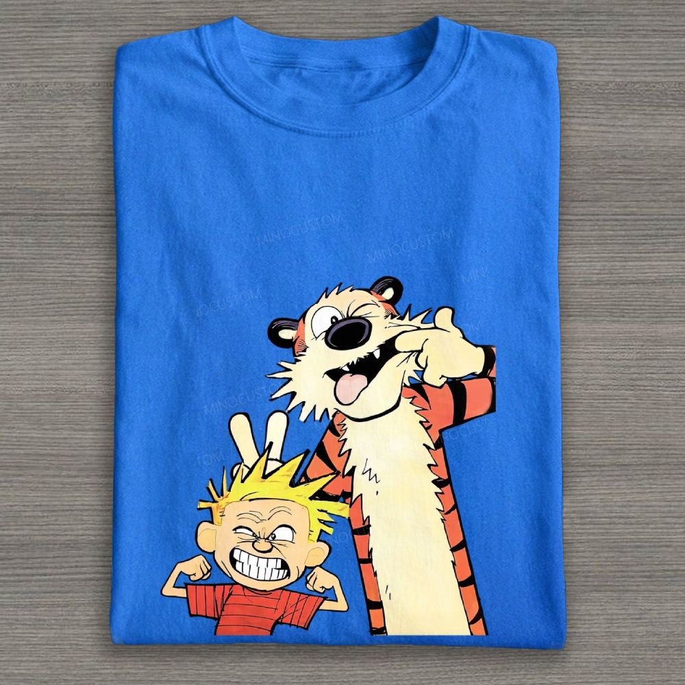Funny Boy & Tiger Silly Face Cartoon Graphic Cotton T-shirt