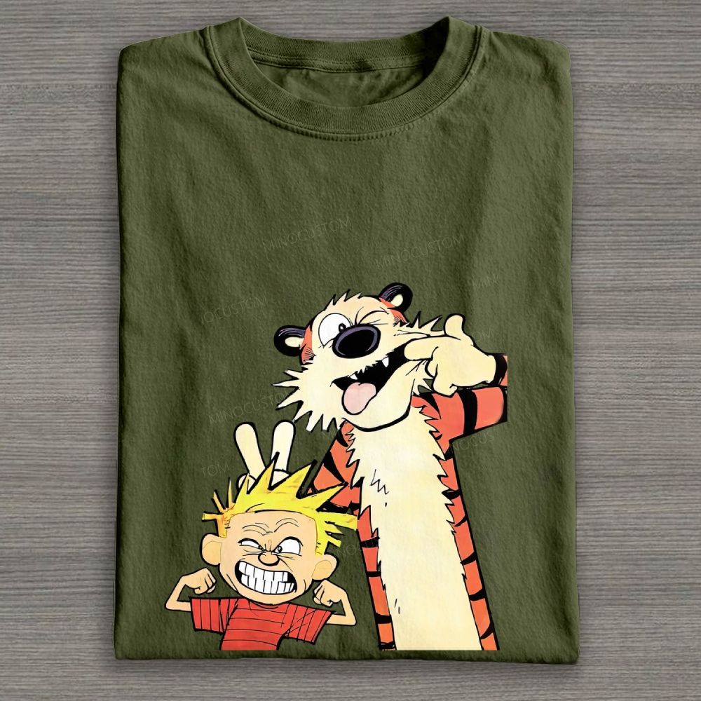 Funny Boy & Tiger Silly Face Cartoon Graphic Cotton T-shirt