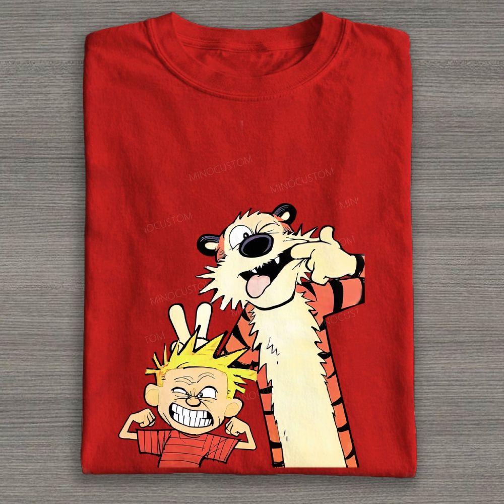 Funny Boy & Tiger Silly Face Cartoon Graphic Cotton T-shirt