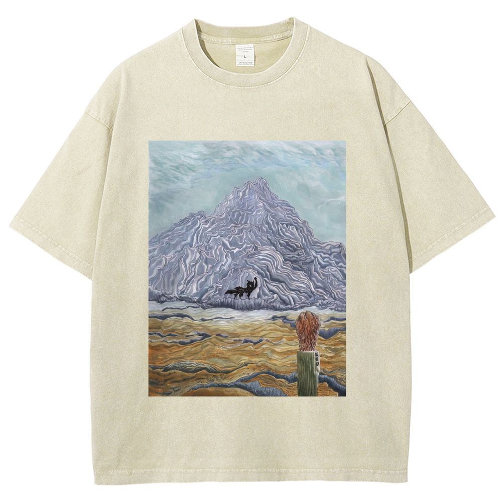Vintage Mountain Wilderness Oil Painting Graphic Unisex Fit Washed T-Shirt