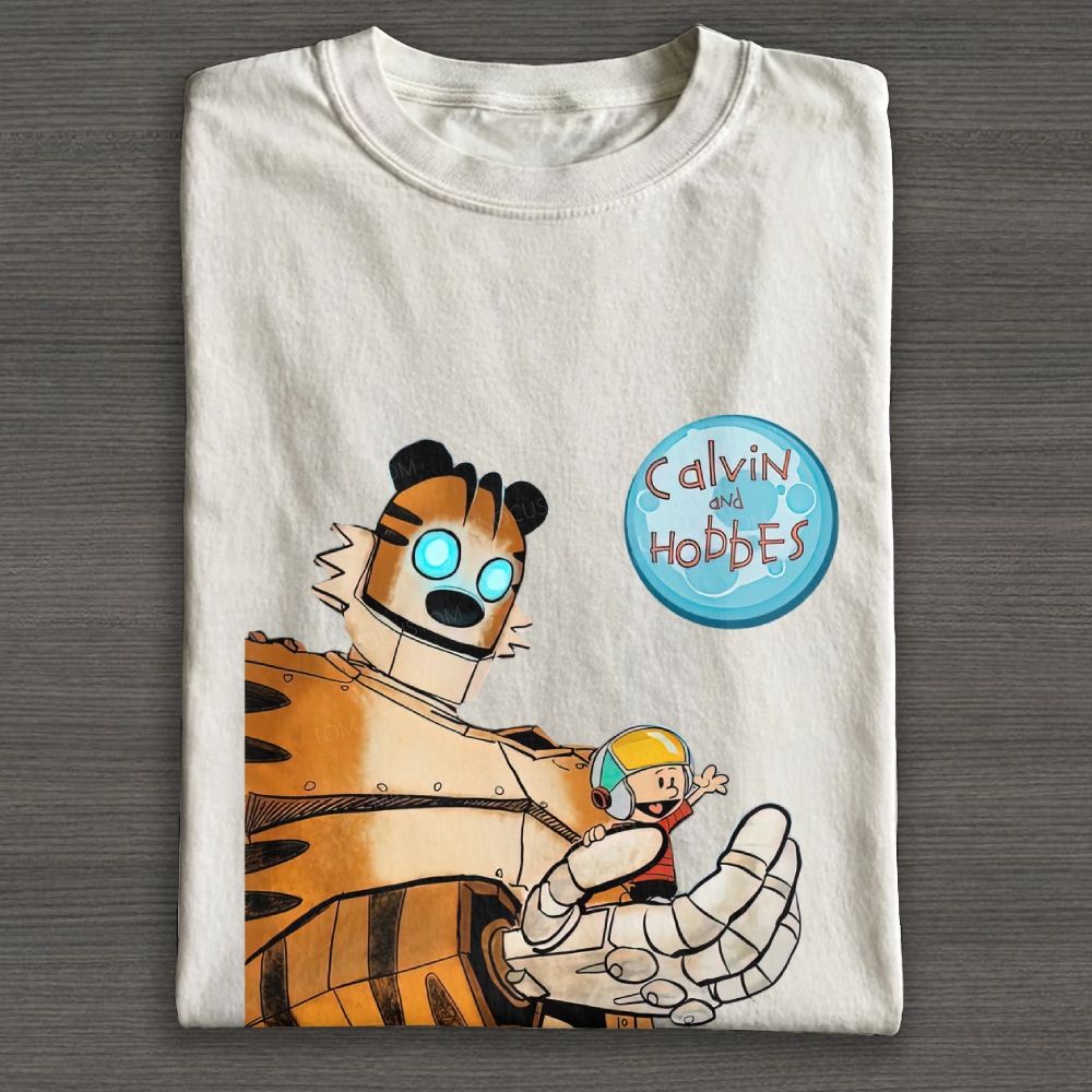 Retro Sci-Fi Robot Tiger & Boy Cartoon Graphic Cotton T-shirt