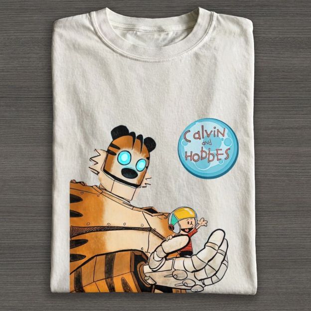 Retro Sci-Fi Robot Tiger & Boy Cartoon Graphic Cotton T-shirt