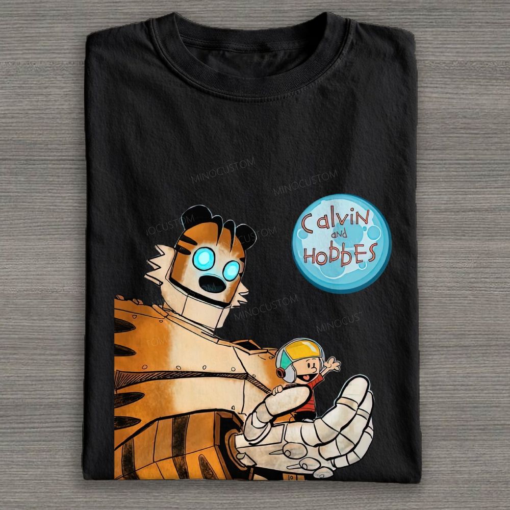 Retro Sci-Fi Robot Tiger & Boy Cartoon Graphic Cotton T-shirt