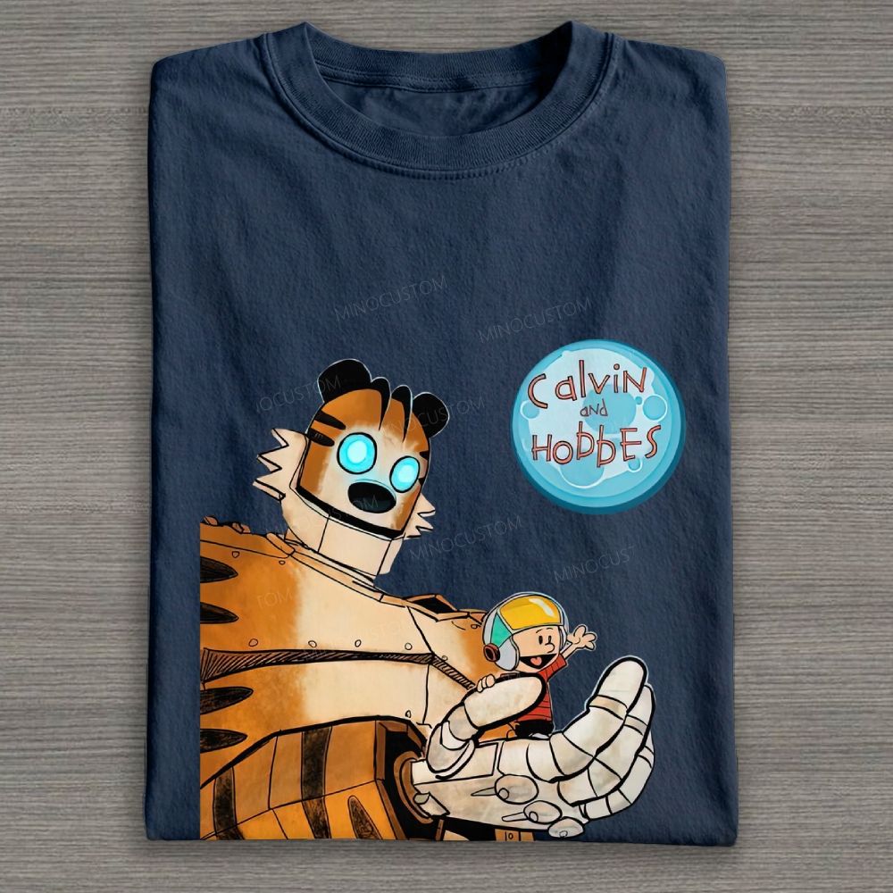 Retro Sci-Fi Robot Tiger & Boy Cartoon Graphic Cotton T-shirt