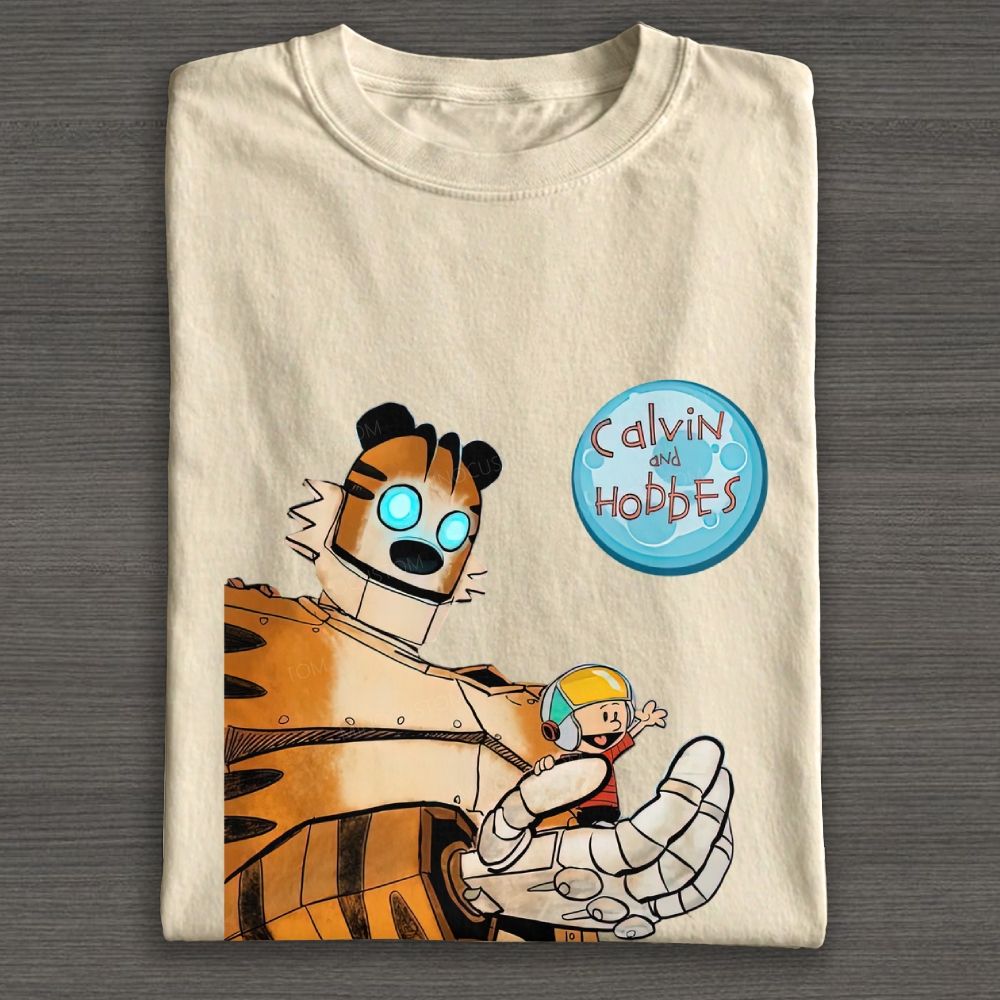 Retro Sci-Fi Robot Tiger & Boy Cartoon Graphic Cotton T-shirt