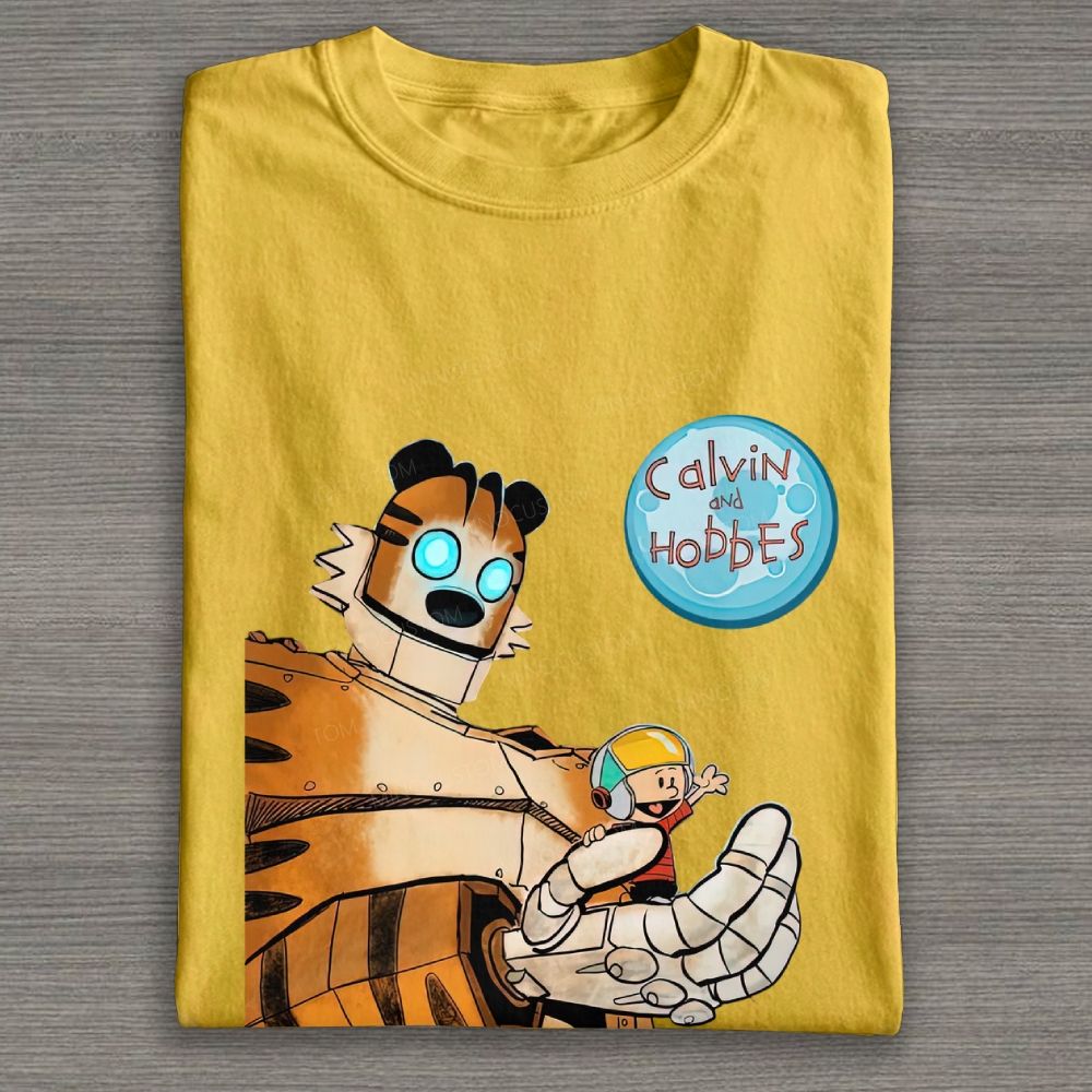 Retro Sci-Fi Robot Tiger & Boy Cartoon Graphic Cotton T-shirt