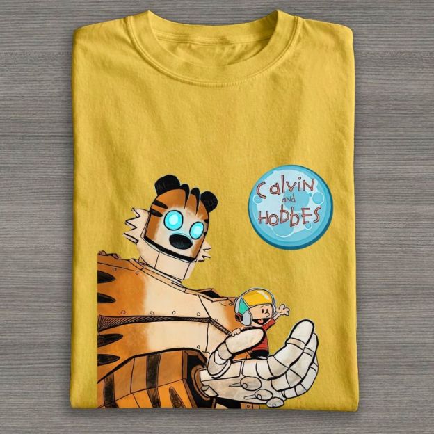 Retro Sci-Fi Robot Tiger & Boy Cartoon Graphic Cotton T-shirt