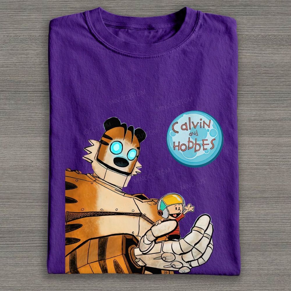 Retro Sci-Fi Robot Tiger & Boy Cartoon Graphic Cotton T-shirt