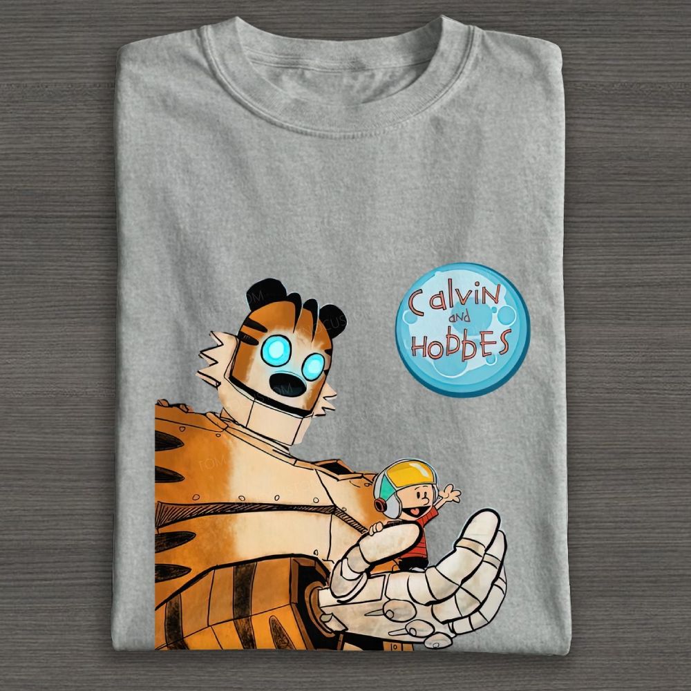 Retro Sci-Fi Robot Tiger & Boy Cartoon Graphic Cotton T-shirt