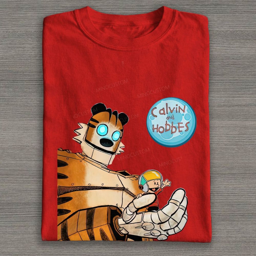 Retro Sci-Fi Robot Tiger & Boy Cartoon Graphic Cotton T-shirt