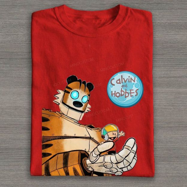 Retro Sci-Fi Robot Tiger & Boy Cartoon Graphic Cotton T-shirt