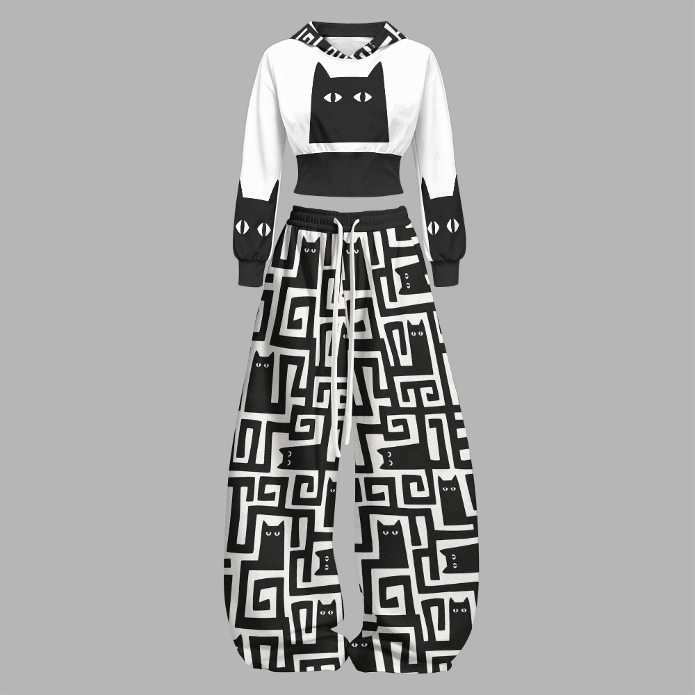 Geometric Black Cat Maze Graphic Slim-Fit Sweatshirt Set